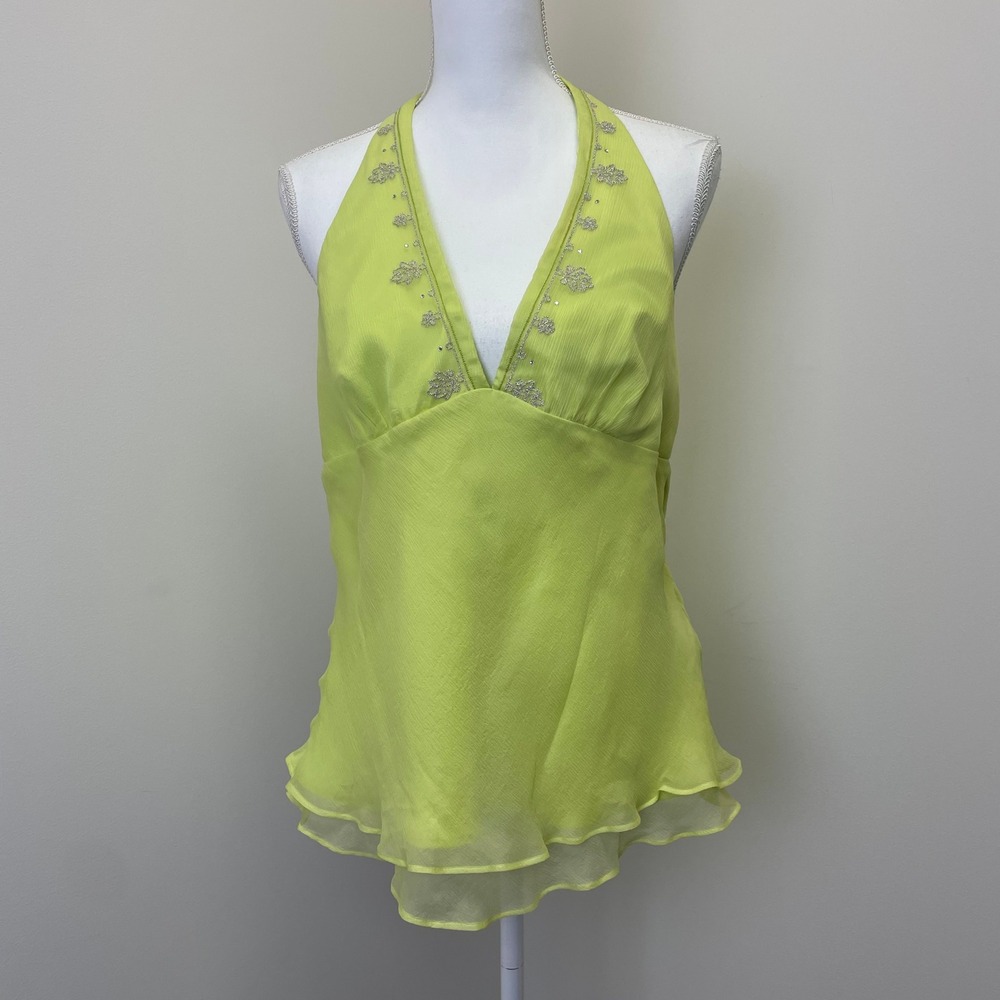 Y2K Laundry Shelli Segal Lime Green Silk Halter Top L Silver Floral Embroidery